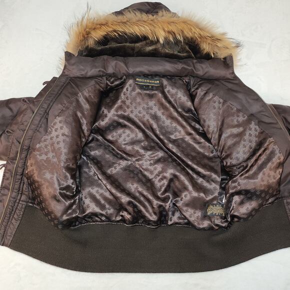 Vintage Y2k Rocawear Jacket Womens XL Down Filled Fur Trim Brown Bomber Brown - Picture 3 of 14